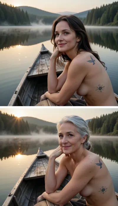 Masterpiece, ultra-realistic fine art diptych photography, museum-quality realism. A perfectly clean horizontal split divides the image into two identical scenes, creating a profound visual comparison between youth and old age. Every environmental element remains unchanged, composition, camera angle, lighting, weathered wooden rowboat, mirror-like mountain lake, dense morning fog, sunrise and flawless reflection are perfectly identical. Only the woman changes with time. The camera is positioned low above the glass-like water, looking slightly upward toward the pointed bow of the boat. In both halves she sits in exactly the same pose on the bow, leaning comfortably forward while supporting herself naturally with both elbows resting on the wooden gunwales at the pointed front of the rowboat. Her chin rests gently upon one hand, shoulders relaxed, posture open, peaceful and completely identical in both images. The carefully chosen perspective naturally conceals her body behind the height of the bow, directing absolute attention to her expressive face. Thick morning mist dissolves the distant forest into ethereal layers while warm golden sunrise rays create delicate volumetric light. The still lake reflects the complete composition with breathtaking precision. In the upper half she is 28 years old, breathtakingly beautiful with luminous skin, flowing dark-blonde hair and a warm, optimistic smile expressing kindness, serenity and inner harmony. In the lower half she is the identical woman at 79 years old, with radiant silver hair, authentic wrinkles, delicate age spots and extraordinary photorealistic skin texture, yet the very same gentle smile and peaceful eyes. On her right upper arm, both women bear the identical fine-line black tattoo of a swallow circling a compass rose, matching perfectly in size, placement and detail, instantly revealing they are the same person across time. HDR, cinematic color grading, extraordinary micro-contrast, masterpiece, award-winning fine art photography, IMAX-quality realism, ultra-high resolution, 8K, impossible realism.