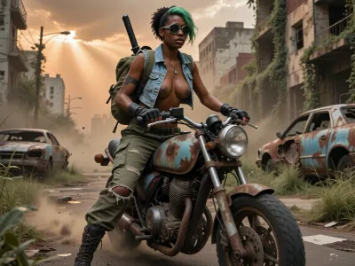 A photorealistic cinematic masterpiece of the highest quality. A street in a post-apocalyptic, ruined city, overgrown with thick grass and vines. Spectacular 3D rays of evening sunlight pierce the thick, dusty air, cinematic lighting and depth of field.
In the foreground, a young Black woman rides a rusty motorcycle down a deserted, overgrown street, in the background, a couple of rusty car wrecks are visible. She strikes a dynamic pose, with dust swirling in the wind. She has short black hair with neon-green bangs. She is wearing worn, dirty, torn army pants and a short, faded denim vest worn directly against her bare skin and completely unbuttoned, exposing her chest, high lace-up boots, long gloves with fingerless cuffs, and dark round glasses. Behind her, a backpack is visible, and the black hilt of a katana rests over her shoulder. Her skin has a barely noticeable sheen of sweat and a realistic texture, the highly detailed, weathered motorcycle is speckled with rust. An epic composition, with a vast, ruined cityscape in the background, cinematic color grading, and atmospheric haze—a masterpiece of the highest quality and photorealism.
