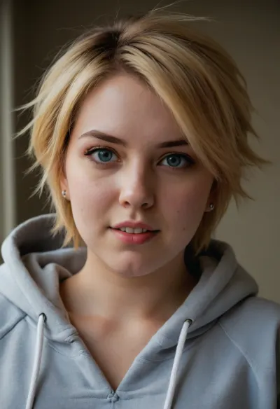 Portrait, (Plumper tomboy), fatty, pretty eyes, wide jawline, blonde Short Haircut, oversized hoodie, ((massive huge chest)), full fat cleavage, happy playful face expression, Minami, Asuka, a, adult, tomboy, girl, with, very, boyish, handsome, shortcut, red, hair, (spiked, hair:1.2), and, face, heterochromia, blue, eyes, yellow, perfect, female, body, large, breasts, <lora:minami-asuka-xl-animagine-xl-4-beta:.8>