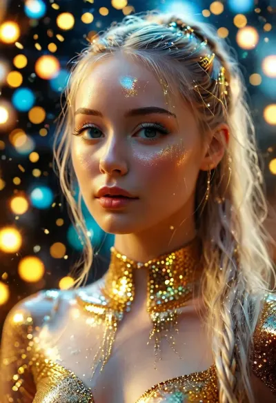 futuristic woman, shining metallic bodysuit suit studded with diatoms, iridescent colours, long braids white high pony tail, sitting on podium, dynamic pose, glitter bombs bokeh, glitter and lens flares, astral projection, uturistic sparkles, gold sparkles, shimmer glisten, face gold sparkles, extreme surreal, maximum aperture. /KlTTY-ART/, <lora:COMFYUI_mimic_landscape_-_XL_SDXL v2.0:.7>, <lora:attractive_notrigger:.8>, <lora:PerfectEyesXL:.6>, <lora:MJ52:1>