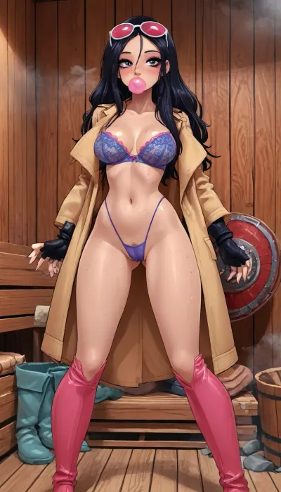 (innv meets jack cayless style), (reiq style, masterpiece, cel-shaded, limited color palette), ((Beautiful Sexy jubilee from marvel rivals game body)), (1girl, solo, alone), (short spiky black hair), (Japanese Korean, gorgeous, seductive face, mature, ads, perfect breast, perfect hands, perfect legs, perfect waist, perfect thighs, perfect hips, perfect ass, hard nipped, pubic hair, sweaty body), (pink lipstick, pink blush, pink eyeshadow, black eyeliner, long lashes), (Bubblegum in mouth), (pink tight lingerie bra), (blue lingerie thong), (with camel toe), (blue thigh-high boots), (wearing Shield Rimless Futuristic Large Racer Pilots Sunglasses Pink), (spandex yellow coat), (fingerless black gloves), (doing action shot pose), (sauna, steam, sauna background), <lora:mk_Bp Anime_xl:2>, <lora:LCMTurboMix_Euler_A_fix:2>, <lora:eGirls_XL_v1:2>, <lora:Marvel_Rivals:2>, <lora:ChewingGum-000002:2>