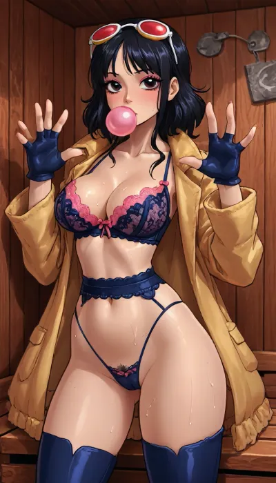(innv meets jack cayless style), (reiq style, masterpiece, cel-shaded, limited color palette), ((Beautiful Sexy jubilee from marvel rivals game body)), (1girl, solo, alone), (short spiky black hair), (Japanese Korean, gorgeous, seductive face, mature, ads, perfect breast, perfect hands, perfect legs, perfect waist, perfect thighs, perfect hips, perfect ass, hard nipped, pubic hair, sweaty body), (pink lipstick, pink blush, pink eyeshadow, black eyeliner, long lashes), (Bubblegum in mouth), (tight lingerie X crisscross bra), (lingerie thong), (with camel toe), (blue thigh-high boots), (wearing Pink Rimless one piece Futuristic Sunglasses), (spandex yellow coat), (fingerless black gloves), (Energy Plasmoids in open hands), (doing action shot pose), (sauna, steam, summer, beach, tropical, flowers, plants sauna background), <lora:mk_Bp Anime_xl:2>, <lora:LCMTurboMix_Euler_A_fix:2>, <lora:eGirls_XL_v1:2>, <lora:Marvel_Rivals:2>