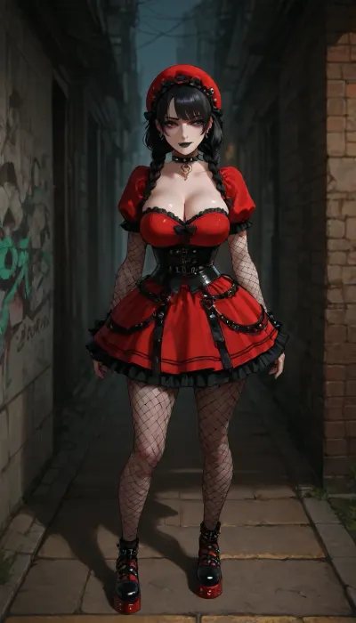 Goth-punk reimagining of Dorothy Gale from The Wonderful Wizard of Oz. Pale skin, edgy dark makeup with heavy eyeliner, black lipstick, and a bold rebellious smirk, large bimbo breasts. Jet black hair with streaks of crimson or violet, styled into messy braids tied with leather straps. Wearing a punk version of her dress, torn black-and-red plaid with corset lacing, fishnet sleeves, and ripped stockings. Blood-red studded platform shoes glowing faintly with arcane energy. Black spiked choker and wristbands as accessories. Standing on a cracked yellow brick road, neon-green glow of a sinister Emerald City on the horizon, graffiti scrawled across broken Oz signs. Ultra-realistic gothic punk fantasy art, highly detailed, cinematic neon-and-shadow lighting, atmosphere of rebellion, danger, and dark charisma.