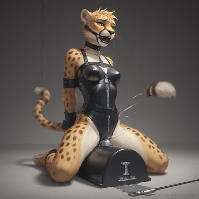 (Furry, cheetah, girl, fluffy, fluffy fur), bound, leather binding, bdsm, tied up, gaged, ball gagriding sybian cumming, orgasm, orgasm_denial, sitting, desperat