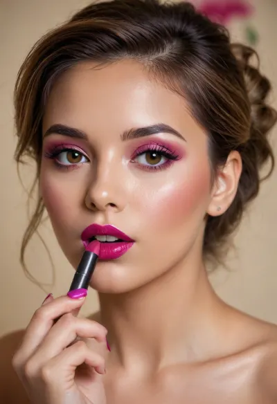 COPYRIGHT, High-gloss graphics, brightly lit face with high luminance, close-up, a beautiful coquettish woman, she is applying lipstick to her lips, lipstick, lingerie, excellent style, olive skin, light brown elaborate hairstyle, light brown eyes, moist {magenta} bright lips, a lipstick applied to the mouth, dynamic movements, beige background, END, ///©KITTY-ART///








///©KITTY-ART///