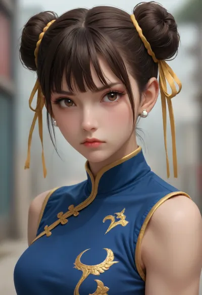 portrait of Chun Li from Street Fighter Alpha, wearing a short blue qipao, brown hair, (twin buns), blunt bangs framing her face, brown eyes, cute, small nose, ((frowns, she looks determined)), athletic body, half body view, view from side
