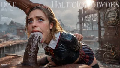 (Magazine cover "Pleasure":1.3), high POV, flat chested, (detailed Hermione Granger face), 18 year old adult girl, posing, pleased smirk expression, (detail wearing a plain tight red shiny latex Hogwarts Gryffindor school uniform, pleated violet latex mini skirt, black latex stockings), beautiful realistic pussy, (tight blouse:1.4), tits fully under clothes, (erect big nipples under clothes:1.5), (covered with thick cum:1.6), ((Hyper realistic:1)), (ultra HD image), 8k, UHD, super high quality, super high resolution, extremely detailed, perfect face, perfect eyes, (man is choking her from behind:1.4), ((hogtied, bound for sex, tied up)), (black eyes), (pale skin:1.3), cock in mouth, (brutal face fuck), Blowjob, (tears in eyes:1.5), (running makeup), (cum drips from nose:1.3), (cum drips from mouth:1.3), ultra hd, photorealistic, hyper gigantic large black cock in mouth, (((hyper gigantic large black cock in mouth:1.3))), oral cream pie, hair grab, sad, sad crying, tongue out, gasping for air, highly detailed, high resolution, perfect lighting, natural lighting, holding head, deepthroat, black spiked pet collar with leash, tied up in chains, hands behind back, (anal:1.5), (masterpiece:1), hard nipples, hourglass waistline, perfect anatomic body, anal spitroast, gagging on cock, (pulled nipples:1.2), nipple clamps, spitroast, wide eyes, throat bulge, puffy cheeks, thick cum, holding her head with both hands, 35mm photograph, film, professional, 4k, 1girl, 5 boys, hdr, photographic, ultra realistic, ultra high details, back light, (front view), (dynamic pose), best quality, with large muscular black men, gargantuan black cocks, anal sex expansion, large hyper muscular black men, interracial gangbang, (interracial sex), swollen black veiny cocks, (double anal penetration), hardcore double penetration, proper physics, big black cocks, muscular black interracial gangbang, (forceful penetrations), extremely graphic, beautiful hands, massive cum in ass, (side view), realistic lighting, soft shadows, high detail, hyperrealistic, 8K, BadX, dvr-shrp, Stable-Yogis-Makeup-Enhancer-XL, porn photoshoot, detailed skin, on the roof, steam locomotive, steampunk, fog, steam, blushing, DETAILED background, spectacular lighting, (huge dick), (creamy deep deepthroat:1.12), (extreme oral sex:1.4), (huge massive white dick:1.4), (hands pulling hair hard, hair falling off:1.22), ((laughing insane, looking at viewer, big grin:1.5)), ((shows the V sign with his hands)), (extreme size difference:1.12), (eyes wide open in horror:1.158), (wide mouth spreader:1.18), (pleading expression:1.54), (terrified:1.58), (crying:1.98), (fear and panic:1.58), ((screaming in pain:1.46)), (huge dick:1.18), (whip marks:1.125), (whipped tits:1.125), magazine cover, <lora:detailed_notrigger:2>, <lora:add-detail-xl:2>, <lora:LCMTurboMix_Euler_A_fix:2>, <lora:JuggerCineXL2:2>
