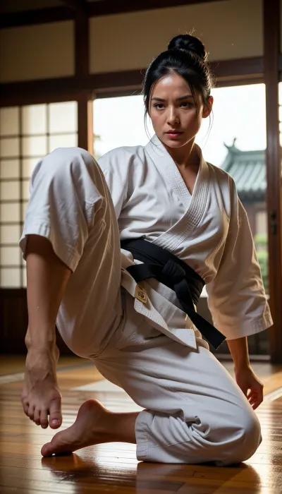 Masterpiece, ultra-realistic cinematic martial arts photography of an elite Japanese female karate fighter, 32 years old, She is unmistakably a native Japanese woman in her early thirties, with authentically Japanese facial features rendered with exceptional realism. Her face reflects the refined beauty commonly associated with traditional Japanese women, a softly oval facial structure, naturally delicate proportions, understated elegance, a modest narrow mouth, expressive dark almond-shaped eyes, subtle natural makeup, flawless balance and quiet strength. Her appearance is distinctly Japanese rather than generically East Asian. Her jet-black hair is arranged in a neat traditional-inspired martial arts bun, practical for combat yet elegant, with a few loose strands dampened by sweat framing her face. Her expression conveys unwavering discipline, controlled aggression and absolute mental focus, captured at the exact peak of a flawless jodan mawashi geri against an imaginary opponent. Her entire body fills the frame from head to bare feet, every muscle engaged in explosive balance, precision and rotational power. One foot grips the polished wooden dojo floor while the extended kicking leg reaches head height with perfect technique. She radiates absolute discipline, fearless determination and unwavering concentration. Her face displays authentic Japanese features with extraordinary realism, a refined oval face, softly sculpted cheekbones, a delicate straight nose, naturally full lips pressed firmly together, elegant almond-shaped dark brown eyes with subtle epicanthic folds, long natural eyelashes, perfectly balanced dark eyebrows lowered in fierce focus, tense jaw muscles and an intense, unwavering gaze that conveys complete commitment to the strike. Her black hair is tightly secured in a practical martial arts bun with a few damp strands escaping from intense training. Warm bronze skin glistens with perspiration and a subtle layer of body oil, revealing realistic pores, delicate facial hairs, tiny veins and breathtaking anatomical detail under dramatic golden light. She wears only a heavyweight white karate jacket, opened wide and flowing dynamically with the violent rotational movement, its thick woven cotton creating dramatic folds while naturally and tastefully preserving modesty throughout the action. Dramatic golden evening sunlight streams through large dojo windows, illuminating floating dust particles and producing cinematic rim lighting. Outside, softly blurred seventeenth-century Japanese temple rooftops add subtle atmosphere without drawing attention. The polished wooden floor reflects gentle highlights beneath her supporting foot. Ultra-shallow depth of field, razor-sharp focus, HDR, extraordinary micro-contrast, breathtaking photorealism, award-winning sports photography, IMAX-quality realism, ultra-high resolution, masterpiece, 8K, maximum detail.