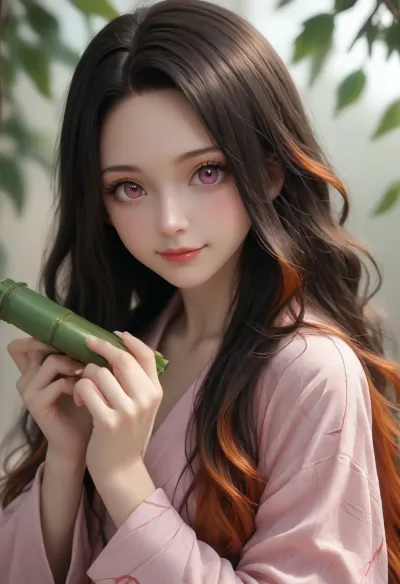 portrait of a slender adult woman, Nezuko Kamado from Demon Slayer, wearing a pink yukata, very long hair, black hair with red highlights, wavy hair, pink eyes, (smile), cute, small nose, pink lips, holding a small straight green bamboo tube, athletic body, view from side