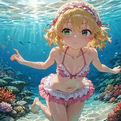 (Glance around naturally:1.4), (Sexy pose:1.2), (tender motherly gaze:1), (Panorama:1), (Party of one:1.5), (Full-body shot:1), character, sakurai_momoka, A, medium shot from a side angle depicts a, (petite:1.6), girl, (someone who looks like Momoka Sakurai from U149:1.5), (alone:1), while, (swimming in the beautiful shallow marine world), . She has, (retro curled blonde hair:1.2), in a, (short hair), wavy style with bangs and striking green eyes, wearing, (Momoka Sakurai's maid headband:1.2), . She is dressed in a Pink ruffled latex bikini swim skirt, She struck a glamorous pose during her underwater swim, her arms elegantly trailing behind her. The environment is a vibrant underwater sanctuary filled with colorful tropical fish and intricate coral reefs, with sunlight filtering through the crystal-clear shallow water. The visual style features clean linework and gentle colors, with smooth, glossy skin tones and highly expressive eyes, creating a serene and luminous atmosphere., <lora:荻pote_XL:1.5>, <lora:sakuraimomoka_animagine_v1:1.5>, <lora:DetailedEyes_V3:1.2>, <lora:LCMTurboMix_Euler_A_fix:.6>, <lora:tbh341-sdxl:1.2>