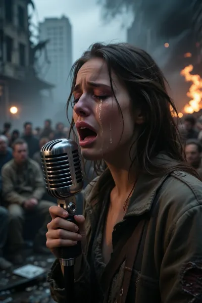 A cinematic shot of a post-apocalyptic city. A beautiful, emotional woman, weeping, sings passionately whilst standing in front of a classic vintage microphone from the 1950s, tears glisten as they roll down her cheek, and her expression reflects the overwhelming pain of loss, she is performing on the street of a ruined post-apocalyptic city, with the dim glow of flickering lights, around her, a group of survivors in worn everyday clothes have gathered in a semicircle, listening intently to her singing, against a backdrop of half-ruined high-rise buildings. Thick smoke and dust, a bonfire blazes on the right, a dark-grey twilight sky. Soft, three-dimensional cinematic lighting filters through the thick smoke and mist, the cool, diffused light of an overcast sky with bluish-grey tones, warm orange-red highlights and rim light from the burning fires on the right, creating glossy reflections on tears, skin and hair, and a high contrast between warm and cool shades. A dramatic, cinematic atmosphere of despair and hope, ultra-detailed photorealism, high detail in skin, hair, fabric and fire, bokeh in the background.