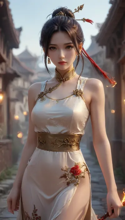 (masterpiece, best quality, ultra-detailed), 1girl, mature female, tall and slender, cold white skin, waist-length black hair, dark red hair ribbon, hair tips glowing with dark gold, amber eyes, faint crimson divine patterns on neck and collarbone, wearing red and black modified ancient Chinese dress, flowing fire patterns on hem, standing gracefully, serene and aloof expression, embers floating in air, ancient Chinese architecture background, cinematic lighting, soft focus, fightdress, spear, <lora:Magical duel - SDXL v2.0:.1>, <lora:万享（万象修罗）_64:.8>, <lora:fightdress_SDXL_reg_:.8>, <lora:XL_Weapon_Spear_-_By_HailoKnight:.1>, <lora:nudity_v02_i1300:.8>
