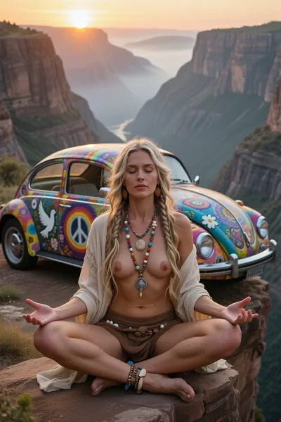 Masterpiece, ultra-realistic fine art landscape photography, breathtaking cinematic realism. A dramatic mountain landscape unfolds at sunrise, dominated by an immense canyon disappearing into layers of mist-filled depth. At the very edge of the cliff, parked only inches from the precipice, stands a beautifully restored 1973 Volkswagen Beetle completely covered in colorful hand-painted hippie artwork. Every visible surface is decorated with peace symbols, white doves, flowers, mandalas, rainbows and vibrant psychedelic patterns, transforming the car into a joyful work of art. Softly blurred in the background, the Beetle adds warmth and personality without competing for attention.

In the sharply focused foreground, directly in front of the Beetle at the cliff's edge, sits an extraordinarily beautiful 33-year-old hippie woman in perfect lotus meditation. She is the unmistakable centerpiece of the composition. Her posture is flawless, spine naturally upright, shoulders relaxed, hands resting gently upon her knees with palms facing upward, thumb and index finger lightly touching in a classic meditation mudra. Her eyes remain peacefully closed, her expression radiating profound inner stillness, wisdom and complete harmony, messed us hair, areola, petite tits, perky long nipples, high detailed skin, 8k uhd, dslr, high quality, detailed skin texture, highly detailed hair, sharp body, highly detailed body, realistic, soft focus, insanely detailed, highest quality, skin pores, skin imperfections, high resolution photography on a canon camera, Every facial feature is rendered with extraordinary realism, revealing delicate skin texture, individual eyelashes, subtle pores and serene natural beauty.

**Long blonde dreadlocks cascade over her shoulders, adorned with handcrafted beads, shells and natural ornaments that catch the first golden rays of morning sunlight, creating a soft luminous halo. She wears an open, loosely draped beige shawl with muted patchwork details in earthy colors, naturally resting across her shoulders while revealing sun-kissed skin in an elegant, nonchalant way. Handmade necklaces and an ankle bracelet crafted from shells, wood and natural bone complete her authentic appearance. Thick morning ground fog drifts around the cliff edge as warm backlighting creates magical volumetric light. Razor-sharp focus on the woman, blurred Beetle and canyon, HDR, extraordinary micro-contrast, masterpiece, award-winning photography, IMAX-quality realism, ultra-high resolution, 8K, impossible realism.