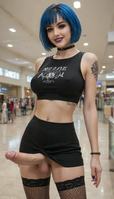 Realistic, emo woman, 18 year old, black skirt, black top, black fishnet stockings, blue hair, very short hair, black makeup, purple lipstick, tattoos, piercings, (little skirt, in the mall, big erect penis bulging under skirt, sexy smile), Shopping, Mall, <lora:JJsShoppingMall_XL:.8>, <lora:bulgev1-beta:.8>, erect-futa, erect-penis, woman, testicles, erection, <lora:SDXLlora13ErFut:.8>