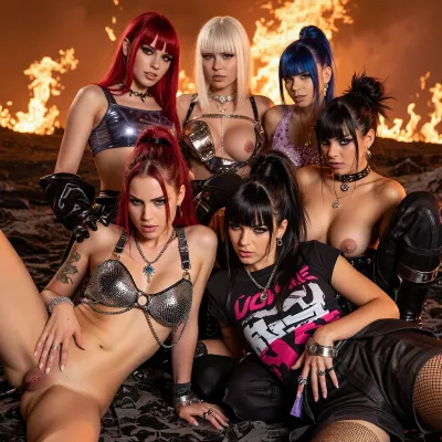A dynamic group portrait of seven young women in a high-energy, stylized pose, arranged in a layered formation against a dramatic, fiery backdrop. The subjects are positioned on a dark, textured surface resembling a desolate, scorched landscape, with intense orange and yellow flames erupting from the background, creating a powerful, apocalyptic atmosphere. The lighting is dramatic and high-contrast, dominated by the warm glow of the fire, casting strong highlights and deep shadows across their faces and bodies. The women exhibit confident, intense expressions, looking directly at the viewer with strong eye contact. Their hair varies in style and color—ranging from vibrant red and platinum blonde to dark black and highlighted shades—styled in bold, edgy cuts and updos. They are topless, presenting her breasts, but wear a mix of futuristic, high-fashion streetwear, including crop tops, metallic fabrics, chainmail, and graphic tees, accessorized with bold jewelry and makeup. The woman on the left presents her vagina. The overall technical style is cinematic and polished, with a saturated color palette emphasizing fiery oranges and deep blacks, creating a visually striking and powerful image.