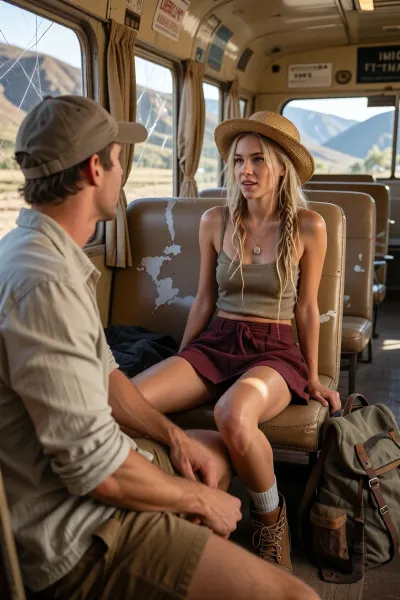 Masterpiece, ultra-realistic cinematic travel photography, National Geographic meets high-end editorial portraiture. Inside a worn long-distance bus crossing the Andes, warm golden afternoon light streams through scratched windows, illuminating faded vinyl seats, chipped paint, old curtains, dusty air and authentic signs of countless journeys. A shallow depth of field creates an intimate documentary atmosphere. In the softly blurred foreground sits a handsome 33-year-old man with an athletic build, wearing a light linen shirt with rolled sleeves, casual shorts and a weathered baseball cap. He occupies the opposite side of the same rear row, intentionally remaining out of focus while naturally framing the composition. Protected by the seatbacks of the rows ahead, the true subject sits in the last row, an astonishingly beautiful 35-year-old woman with an effortlessly alternative style. She wears a slightly worn straw hat, long blonde dreadlocks, a relaxed spaghetti-strap crop top, a short dark wine-red skirt, hiking socks and well-used leather hiking boots. A faded travel backpack rests beside her on the floor. A light sheen of perspiration glows naturally on her sun-kissed skin, reflecting the warm mountain air. She turns toward the man across the aisle, her face becoming the emotional center of the image, soft focus on her face and lifelike reflections. Her expression reveals genuine curiosity, quiet amusement, natural charm, playful anticipation and unmistakable romantic excitement, suggesting the thrilling possibility of a first connection. Every skin pore, eyelash, strand of hair and fabric texture is rendered with breathtaking realism. Cinematic golden color grading, subtle rim lighting, photorealistic facial detail, authentic imperfections, HDR, ultra-high resolution, masterpiece, award-winning travel photography, 8K, impossible realism