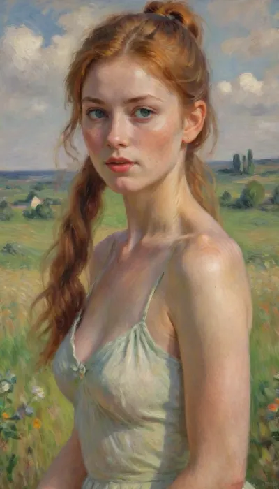 1girl, solo, petite, impressionism style painting, impressionist portrait of a sensual irish girl, 22yo, delicate natural beauty, high cheekbones, long ponytail ginger hair, thin, slim, green eyes, freckles, freckels on her arms and chest, tan skin, naked, earrings, medium breasts, sensual, looking at the camera, her hair is blowing in the wind, countryside, flowers, clouds, (perfect lighting), (best quality), drawing, oil painting, illustration, Close up, side view, impressionist, painting, <lora:EldritchImpressionismXL1.5:2>, impressionism, <lora:EnvyImpressionismXL01:.8>