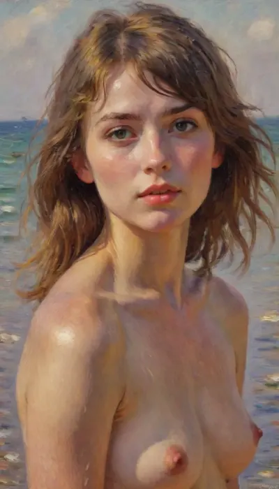 1girl, solo, petite, impressionism style painting, impressionist portrait of a sensual russian girl, 22yo, delicate natural beauty, high cheekbones, wet messy shoulder-length brunette hair, side-swept bangs, thin, slim, amber eyes, freckles, freckels on her arms and chest, sweaty skin, tan skin, small breasts, topless, sensual, looking at the camera, on a cliffed beach, (perfect lighting), (best quality), drawing, oil painting, illustration, Close up, side view, impressionist, painting, <lora:EldritchImpressionismXL1.5:2>, impressionism, <lora:EnvyImpressionismXL01:.8>
