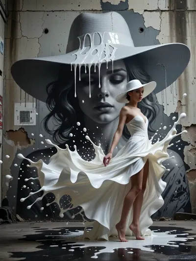 This composition, inspired by street art and imbued with a cinematic, surrealist aesthetic, is set against a weathered concrete wall. The wall features a massive grayscale portrait of a mysterious woman with soft features and wavy hair, wearing a striking wide-brimmed white hat. The white pigment appears to be melting, dripping down from the hat's brim and the portrait's contours to create a dynamic, fluid cup visual effect. In the foreground stands an elegant woman in a flowing white dress and a matching white hat, the hem of her dress transforms into a dynamic splash of vibrant white cum, extending outward with powerful momentum as if merging with the mural behind her. The paint forms fluid, natural shapes with droplets frozen in mid-air, seamlessly blending reality with art. The ground, with its dark tones, rough texture, and slight dampness, further enhances the unique atmosphere. The background wall is marked by cracks, stains, and peeling plaster, adding depth and realism to the scene. Soft, cinematic lighting and high contrast accentuate the splash of cum against the grayscale environment. Rich in detail and texture, the image employs a shallow depth of field and a dynamic composition to deliver a masterpiece-quality 8K visual experience that fuses surrealism with artistic photography. Please ensure the subject's face is 100% consistent with the uploaded image.
