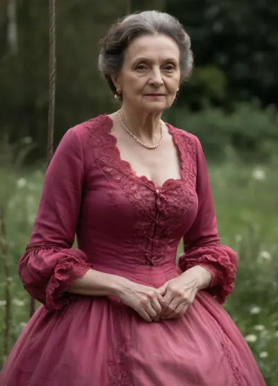 (((1700s:1.9))), ((Face close-up:1.3)), (((sunny green floral field))), (extremely detailed background), (((very short swing transparent deep pink sheer hoopdress:1.9))), (((extremely detailed victorian dress:1.9))), (((extremely aged extremely elder insanely over 100-year-old grandma:1.9))), (((extremely transparent dress:1.9))), (((biggest breasts:1.3))), (((extremely tempting erotica:1.9))), (((dark brown hair:1.9))), elegant basic royal floral hat, very energized, (extremely slutty face:1.9), (she is the in-house slut of the royal family:1.9)