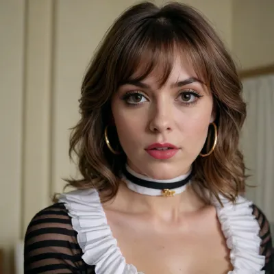 shoulder-length wavy brown layered hair, volume on top, feathered bangs, brown eyes, thin gold hoop earrings, wearing a white black thigt-high stocking with a black striped collar. 4k epic detail, shot on kodak, 35mm photo, sharp focus, high budget, cinemascope, moody, epic, gorgeous, film grain, grainy, pronebone fuck, anal fuck, hard, 1 nude black man, big cock, wide-angle shot, b-horror film screencap