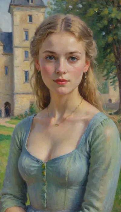 1girl, solo, petite, impressionism style painting, impressionist portrait of a sensual french girl, princess, 22yo, delicate natural beauty, high cheekbones, long blonde medieval hairstyle, thin, slim, green eyes, freckles, freckels on her arms and chest, tan skin, wearing blue kirtle dress, earrings, necklace, medium breasts, cleavage, sensual, looking at the camera, outside of an old castle, (perfect lighting), (best quality), drawing, oil painting, illustration, Close up, side view, impressionist, painting, <lora:EldritchImpressionismXL1.5:2>, impressionism, <lora:EnvyImpressionismXL01:.8>
