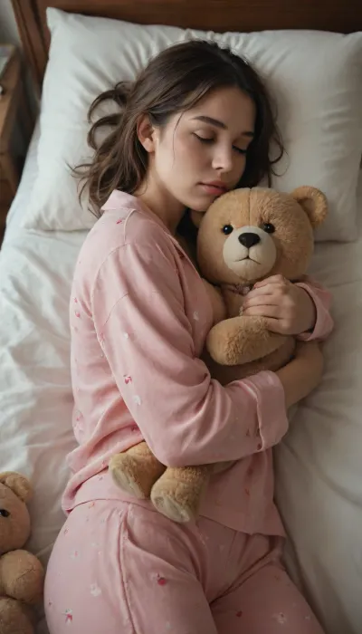 Girl in pajamas hugging a teddy bear, sleepy.
