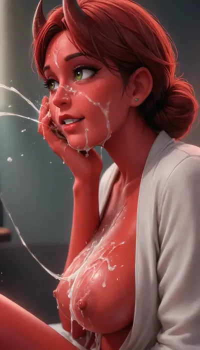 Score_9, score_8_up, score_7_up, (reiq meets innv and markgavatino style:.9), (fortnite:1.1), (malkor mancin:1.1), (Pixar:1.1), 8k hdr, masterpiece, (sideview:1.6), open dress, demon girl, (mature:1.6), (medium breasts), slender body, (intricate details:.7), ((red colored skin:1.8)), ((curved horns:1.3)), long pointy ears, (grain:.5), (freckles, goosebumps, pores, wrinkles:.8), -cut, happy, expression, sitting, (((emphasis, perfect-eyed, bright, pupils, streaming cum, sluty, eyes contact))), bun with bangs, makeup, eye contact, detailxl, ((cum on tits)), ((cum on face)), (cum spraying high into the air:1.6), <lora:princess_xl_v2:.2>