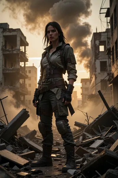 A photorealistic full-length portrait of a beautiful young woman aged 25–30 with long dark hair, tanned skin, sharply defined cheekbones and an intense, direct gaze, standing confidently amidst a pile of concrete rubble, bricks and planks in a ruined post-apocalyptic city, she is wearing worn tactical clothing, a fabric jacket over a white vest, a chunky brown leather belt with straps and buckles, cargo trousers with knee pads, black fingerless gloves, and high combat boots. All around are the skeletal remains of ruined high-rise prefabricated blocks with empty windows, thick smoke and dust to the left, the low sun of the golden hour behind her creates strong backlighting and voluminous rays in the dust – a cinematic composition with high detail in the skin, fabric and debris – a masterpiece, top quality