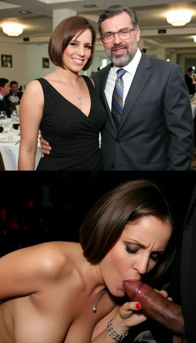 A composite image of two contrasting scenes. two pictures, of the same 1m65 42yo cute busty Spanish wife, happily married, submissive, eager to please, wide hips, tanned woman, with short inverse bobcut brunette hair, --------------------
Top, A man and woman pose together at a formal event. The woman wears a black dress and a necklace, and smiles warmly. The man has a gray beard, wears glasses, a suit, and tie, with his arm around her. They stand in a banquet hall with tables, guests, and bright overhead lighting.
BREAK Bottom, A close-up, explicit scene of the same woman, topless, blowing the huge cock of a young black man. Her eyes are closed, expression intense, with visible red nail polish. The lighting is dim and intimate., (The man's head is out of the frame), (no other people in frame), The image juxtaposes a public social setting with a private sexual act, emphasizing the contrast. Style, Direct, unfiltered, documentary-like realism.