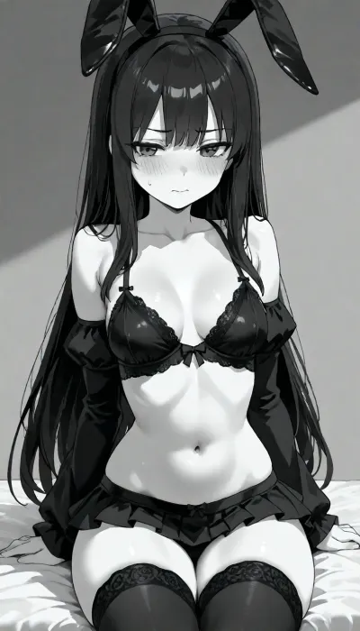 1 person, sitting, Tell and slender girl, thin body, black hair, long hair, black bunny ears, narrow waist, thin thighs, thin legs, nude, (woman wearing sexy black lingerie), black ruffle sexy microskirt, black long ruffle stockings, black ruffle sleeves, open shoulders, blushing, open stomach, small breasts, (negative_v2, Color_Balance_Calibration:.8), aidxlv05_neg, Go, Toboun, No, Hanayome, Style, blush, breasts, monochrome, greyscale, large, eyebrows, visible, through, hair, bangs, solo, focus, masterpiece, best, quality, very, aesthetic, absurdres, <lora:Go_Toboun_No_Hanayome_Season_2_Style:1.2>, <lora:CALM WHITE-NAI:1.8>, <lora:Basuke-P3v1-NbVp10:1.3>