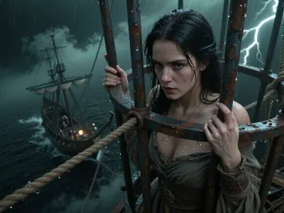 Fantasy setting, ultra-photorealistic CGI render with subtle natural imperfections, saturated ultra-dark gray color palette, technically underexposed by three stops, almost the entire image dissolving into deep black darkness, filled with dense swirling dark green mist, smoke, rain and airborne dust, the atmosphere so thick that almost no light penetrates the suffocating haze. Ultra-photorealistic cinematic still, extreme bird's-eye perspective, the camera positioned directly beside the suspended iron cage at the same height as the prisoner, looking almost straight downward.

The imprisoned noblewoman is the absolute focal point, rendered with extraordinary hyperrealistic detail. Every facial feature is razor sharp, expressive eyes, individual eyelashes, realistic skin pores, subtle freckles, tiny water droplets clinging to her skin, wet strands of hair individually visible, tangled black hair blown violently across her face, highly detailed fingers gripping the cold iron bars, realistic fingernails, lifelike skin texture, soaked weathered fabric clinging naturally to her body with visible woven fibers, folds, stitching, dirt, rainwater, salt stains and worn textures. Every iron bar of the cage shows intricate rust, scratches, dents, oxidized metal, chipped paint and accumulated moisture. Every raindrop, every water bead and every reflection is rendered with microscopic realism.

The iron cage hangs from an impossibly long rope suspended hundreds of feet above the pirate ship, creating an overwhelming sense of vertigo. The endless rope disappears into darkness below. Beneath the cage, everything rapidly dissolves into atmospheric perspective, heavy fog, rain and depth blur. The pirate ship appears only as a tiny distant silhouette far below, the pirate crew reduced to barely visible miniature figures swallowed by haze, sea spray and faint lantern light. The mast tops barely reach halfway toward the cage. Violent storm clouds surround the entire scene while rain streaks cut across the image and occasional lightning briefly reveals the enormous empty vertical space between the suspended cage and the distant ship.

Extremely shallow depth of field centered exclusively on the prisoner and the iron cage, foreground rendered with maximum photorealistic detail, background fading progressively into soft atmospheric blur, immense negative space, overwhelming isolation, impossible height, cinematic scale, hyperrealistic textures, masterpiece quality, ultra-high detail.