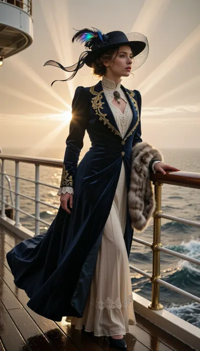 A young woman at the end of Belle Époque in the 1910s stands mesmerized at the edge of the RMS Titanic promenade deck during a breathtaking, atmospheric dawn. In this dramatic and emotionally charged cinematic shot, an exceptionally stunning 22-year-old aristocrat is captured in a dynamic three-quarter view, leaning gracefully against the gleaming brass handrail of the ocean liner. She is gazing far out into the misty North Atlantic Ocean, her eyes reflecting the glowing horizon with a subtle sense of longing and impending fate.Her 1910s haute couture promenade attire is a masterpiece of historical luxury, a flowing, floor-length midnight-blue velvet walking coat lined with rich golden silk embroidery, left slightly open to reveal a delicate, high-collared ivory chiffon gown with intricate beaded lace detailing along the bodice. A luxurious faux-fur stole is draped casually over one arm. A wide-brimmed Edwardian hat with dark sheer netting and iridescent feathers is angled dramatically, with fine silk ribbons fluttering wild and long in the crisp ocean breeze.The environmental storytelling is intense, low-angled golden sunlight punches through the thick morning ocean mist, creating dramatic light rays, (God rays), across the scene. The camera is positioned on the deck facing outward toward the open sea, showing the dark, damp, polished teak floorboards reflecting the amber sky and the icy blue ocean waves crashing below. The background consists purely of the vast, misty North Atlantic horizon, avoiding any distorted ship structures. The composition uses an 85mm lens with a shallow depth of field, sharp cinematic focus on her expressive face, flying tendrils of hair, and the exquisite, tactile textures of velvet, silk, and wet wood. Captured with rich cinematic color grading, raw emotion, and high-art aesthetic impact.