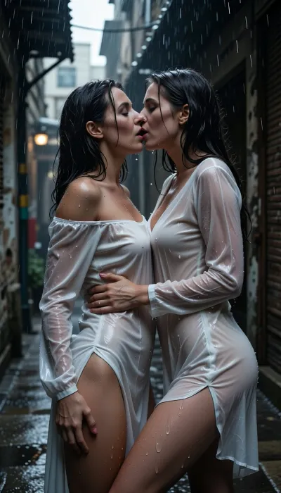 Two beautiful 30 year old lesbian women ina passionate clinch in a rainy old alleyway, wet see through white satin dresses, passionate, erotic, rain soaked, heavy rain, dark cloudy day, <lora:RMSDXL_Darkness_Cinema:1.8>, solo_focus, <lora:attractive_notrigger:1.5>, <lora:BUT_SDXL_SHS:1.9>