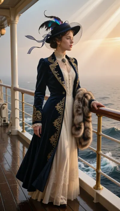 A young woman at the end of Belle Époque in the 1910s stands mesmerized at the edge of the RMS Titanic promenade deck during a breathtaking, atmospheric dawn. In this dramatic and emotionally charged cinematic shot, an exceptionally stunning 22-year-old aristocrat is captured in a dynamic three-quarter view, leaning gracefully against the gleaming brass handrail of the ocean liner. She is gazing far out into the misty North Atlantic Ocean, her eyes reflecting the glowing horizon with a subtle sense of longing and impending fate.Her 1910s haute couture promenade attire is a masterpiece of historical luxury, a flowing, floor-length midnight-blue velvet walking coat lined with rich golden silk embroidery, left slightly open to reveal a delicate, high-collared ivory chiffon gown with intricate beaded lace detailing along the bodice. A luxurious faux-fur stole is draped casually over one arm. A wide-brimmed Edwardian hat with dark sheer netting and iridescent feathers is angled dramatically, with fine silk ribbons fluttering wild and long in the crisp ocean breeze.The environmental storytelling is intense, low-angled golden sunlight punches through the thick morning ocean mist, creating dramatic light rays, (God rays), across the scene. The camera is positioned on the deck facing outward toward the open sea, showing the dark, damp, polished teak floorboards reflecting the amber sky and the icy blue ocean waves crashing below. The background consists purely of the vast, misty North Atlantic horizon. The composition uses an 85mm lens with a shallow depth of field, sharp cinematic focus on her expressive face, flying tendrils of hair, and the exquisite, tactile textures of velvet, silk, and wet wood. Captured with rich cinematic color grading, raw emotion, and high-art aesthetic impact.