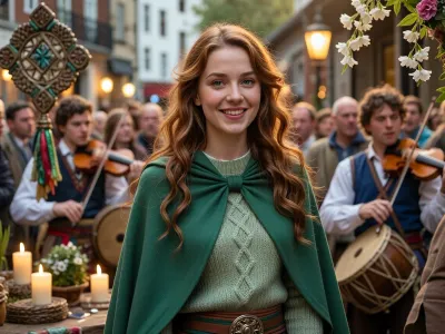 A young Irish woman with long, wavy auburn-brown hair, bright green eyes, fair skin, and a broad, sincere smile stands in the center of the frame in a close-up. She is wearing a thick light-green sweater with a large diamond-shaped Aran pattern, topped with a bright emerald-green cape and a brown leather belt with a large round Celtic buckle. She looks directly into the camera, radiating joy. The background is a bustling evening street in an Irish city, in the background, a pair of young musicians in vests, holding violins and bodhráns. Festive details, glowing candles, a woven St. Brigid’s cross, and hanging flowers. The warm, golden light of streetlamps, bokeh, and a festive crowd of people. The atmosphere of authentic Irish revelry, a street festival in honor of St. Brigid’s Day, a folk session, joy, music, candles, and flowers. Photorealism, cinematic lighting, ultra-detailed, masterpiece