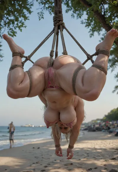 Blonde pigtail bimbo mature, wrinkled, cellulite, (bbw:1), (gilf:1.3), (natural sagging tits), spreading, legs, extreme, (tight micro bra tight breast tight bondage:1.1), (hogtied, bound for sex, tied up), (outdoor in living public beach:1), (hanging by her body high up in air to tree branch:1.3), (view from side and below:1.1), (pale skin), (running vulgar makeup), black spiked pet collar, (ragged torn lace black stockings:1), (cutout ragged torn undersized top:1), (perfect lace crotchless micro bikini:1.2), (colored lace tutu), (oiled glossyshiny skin:1.3), (anal:1.2), hard nipples, thick cum, (torn stockings:1), (corset:1), (spiked collar), screaming, shocked, tearful, deep anal penetration, (sunhat), <lora:add-detail-xl:2>, <lora:detailed_notrigger:2>, <lora:tiedbreastsblue_XL_reg0_:2>