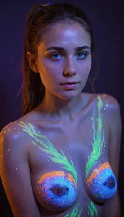 blacklight uv painted on the Body of Girl, depicting art in the style of monet, <lora:bl4ckl1ghtxl:.5>, hot Face, cute eyes, showing Pussy, Brown Hair, Pony tail, medium tits