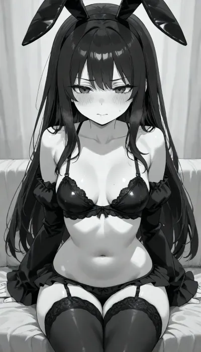 1 person, sitting, Tell and slender girl, thin body, black hair, long hair, black bunny ears, narrow waist, thin thighs, thin legs, nude, (woman wearing sexy black lingerie), black ruffle sexy microskirt, black long ruffle stockings, black ruffle sleeves, open shoulders, blushing, open stomach, small breasts, (negative_v2, Color_Balance_Calibration:.8), aidxlv05_neg, Go, Toboun, No, Hanayome, Style, blush, breasts, monochrome, greyscale, large, eyebrows, visible, through, hair, bangs, solo, focus, masterpiece, best, quality, very, aesthetic, absurdres, <lora:Go_Toboun_No_Hanayome_Season_2_Style:1.2>, <lora:CALM WHITE-NAI:1.8>, <lora:Basuke-P3v1-NbVp10:1.3>
