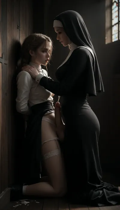 in a convent, (huge wooden crucifix on wall in front of her:1.3), 3/4 side view, 1futa, futanari, dick-girl, shemale, nun, kneeling, (her futa-penis, dangling between her legs dripping cum on the floor), (hands tied to wall, hands tied overhead:1.3), getting fucked in the ass by another nun, elegant looking blond futanari nun kneeling, anal sex, visible anal penetration, 20 years old blond futanari with braided hair, (blond braided hair:1.2), sex from behind, moaning, lesbian domination, wearing nun clothes and white garter belt and white panties with white choker with a cross hanging from it, makeup, fully clothed, nuns habit, dress lift up, large naturally sagging breasts, hanging breasts, soaked hair, slender bodies, domination, (cumshot, cum dripping from penis:1.2), detailxl, erect-futa, erect-penis, hairy testicles, erection, <lora:SDXLlora13ErFut:.8>, (red-blue neon lighting), (photorealistic), (realistic), <lora:detailed_notrigger:2>, <lora:dark:2>, <lora:CinematicStyle_v1:2>, <lora:Adjust_SDXL_v3.0:2>