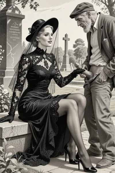 This is is a detailed monochromatic pencil drawing in a classical illustrative style depicts a scene set in Russian, in 1950s, full portrait of a beautiful widow sitting in a cemetery park monument near the cemetery monument, the legs are slightly spread apart, show pussy with slutty smile she is wearing a long sleeved intricate lace black widow gown, widow hat, black transparent veil, stockings, front view, upskirt shot, looking away, middle distance, ptheels, high, heels, standing nearby is a sleazy old homeless man with his pants unbuttoned, she is masturbating his dick, She looks at him, handjob, The overall mood is intense, rendered in fine, expressive line work and subtle shading, evoking the style of 1950s satirical or moralistic illustrations.