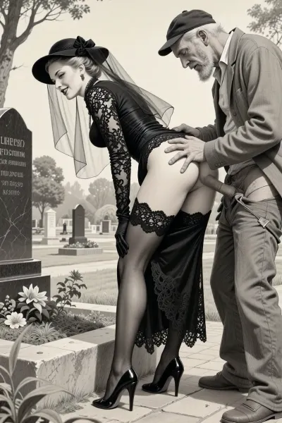 This is is a detailed monochromatic pencil drawing in a classical illustrative style depicts a scene set in Russian, in 1950s, full portrait of a beautiful widow, She's bent over low in a cemetery park monument near the cemetery monument, show her ass with slutty smile she is wearing a long sleeved intricate lace black widow gown, widow hat, black transparent veil, stockings, side view, upskirt shot, looking away, middle distance, ptheels, high, heels, standing nearby is a sleazy old homeless man with his pants unbuttoned, he touchs her bottoms by fingers, The overall mood is intense, rendered in fine, expressive line work and subtle shading, evoking the style of 1950s satirical or moralistic illustrations.