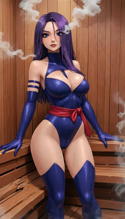(innv meets jack cayless style), (reiq style, masterpiece, cel-shaded, limited color palette), ((Beautiful Sexy Psylocke from marvel rivals game body:1.5)), (1girl, solo, alone, 21 year old woman), (gorgeous, seductive face, long hair, hair ornament, purple hair, mature, ads, perfect breast, perfect hands, perfect legs, small waist, big thick thighs, huge hips, big ass, hard nipped, sweaty body), (Psylocke marvel rivals tight Violet ninja outfit bodysuit outfit), (one long red sash), (straps), (marvel rivals thigh boots), (marvel rivals gloves), (standing, horny sex wet posing), (sauna, steam, smoke, sauna background:1.3), ultraviolet light, LoL, Style, x-men, Psylocke, woman, <lora:LCMTurboMix_Euler_A_fix:2>, <lora:Marvel_Rivals:2>, <lora:PsylockeXL:2>, <lora:mk_Bp Anime_xl:2>, <lora:x-men psylocke woman 1a-000035:2>