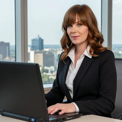 39-year-old short 4'6" female accountant, female business clothes, shoulder length wavy red hair with bangs, sharp nose, thin wide mouth, square face. Manitoba Hydro 14th floor office with large windows overlooking city. Female accountant sitting behind a desk working on a laptop pc.