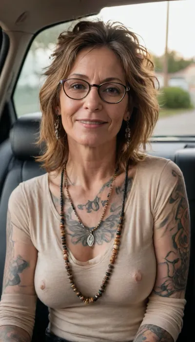 57 yo, (Alt Punk Emo Goth), glasses, cinematic photo of one mature woman, (No Makeup), (Happy and smiling), (Many Tattoos), (perfect vibrant eyes), ((black Boho Hippy hairdo)), (bronze tan), (Cream long sleeve Boho blouse deep plunge neckline), (natural saggy breasts, huge oreolas), (beads), innie, closeup, (in car, golden hour), 35mm photograph, film, bokeh, professional, 8k, highly detailed, <lora:add-detail-xl:.7>