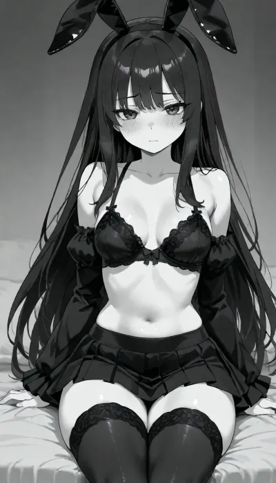 1 person, sitting, Tell and slender girl, thin body, black hair, long hair, black bunny ears, narrow waist, thin thighs, thin legs, nude, (woman wearing sexy black lingerie), black ruffle sexy microskirt, black long ruffle stockings, black ruffle sleeves, open shoulders, blushing, open stomach, small breasts, (negative_v2, Color_Balance_Calibration:.8), aidxlv05_neg, Go, Toboun, No, Hanayome, Style, blush, breasts, monochrome, greyscale, large, eyebrows, visible, through, hair, bangs, solo, focus, masterpiece, best, quality, very, aesthetic, absurdres, <lora:Go_Toboun_No_Hanayome_Season_2_Style:1.2>, <lora:CALM WHITE-NAI:1.8>, <lora:Basuke-P3v1-NbVp10:1.3>