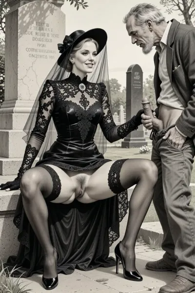 This is is a detailed monochromatic pencil drawing in a classical illustrative style depicts a scene set in Russian, in 1950s, full portrait of a beautiful widow sitting in a cemetery park monument near the cemetery monument, the legs are spread apart, show her hairy pussy with slutty smile she is wearing a long sleeved intricate lace black widow gown, widow hat, black transparent veil, stockings, front view, upskirt shot, looking away, middle distance, ptheels, high, heels, standing nearby is a sleazy old homeless man with his pants unbuttoned, she is masturbating his dick, She looks at him, handjob, The overall mood is intense, rendered in fine, expressive line work and subtle shading, evoking the style of 1950s satirical or moralistic illustrations.
