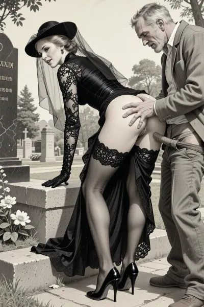 This is is a detailed monochromatic pencil drawing in a classical illustrative style depicts a scene set in Russian, in 1950s, full portrait of a beautiful widow, She's bent over low in a cemetery park monument near the cemetery monument, show her ass with slutty smile she is wearing a long sleeved intricate lace black widow gown, widow hat, black transparent veil, stockings, side view, upskirt shot, looking away, middle distance, ptheels, high, heels, standing nearby is a sleazy old homeless man with his pants unbuttoned, he touchs her bottoms by fingers, The overall mood is intense, rendered in fine, expressive line work and subtle shading, evoking the style of 1950s satirical or moralistic illustrations.