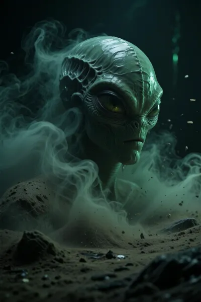 Fantasy setting, cgi Render with imperfections saturated dark green colors Style, The scenario is enveloped in the deepest darkness imaginable, (Technically the entire image is underexposed by 3 stops:1.9), filled with thick, swirling steam and dust that obscures every surface, The air is heavy and thick, and no ray of light penetrates the suffocating haze, alien eye