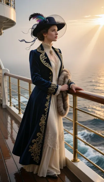 A young woman at the end of Belle Époque in the 1910s stands mesmerized at the edge of the RMS Titanic promenade deck during a breathtaking, atmospheric dawn. In this dramatic and emotionally charged cinematic shot, an exceptionally stunning 22-year-old aristocrat is captured in a dynamic three-quarter view, leaning gracefully against the gleaming brass handrail of the ocean liner. She is gazing far out into the misty North Atlantic Ocean, her eyes reflecting the glowing horizon with a subtle sense of longing and impending fate.

Her 1910s haute couture promenade attire is a masterpiece of historical luxury, a flowing, floor-length midnight-blue velvet walking coat lined with rich golden silk embroidery, left slightly open to reveal a delicate, high-collared ivory chiffon gown with intricate beaded lace detailing along the bodice. A luxurious faux-fur stole is draped casually over one shoulder. A wide-brimmed Edwardian hat with dark sheer netting and iridescent feathers is angled dramatically, with fine silk ribbons fluttering wild and long in the crisp ocean breeze.

The environmental storytelling is intense, low-angled golden sunlight punches through the thick morning ocean mist, creating dramatic light rays, (God rays), across the scene. The camera is positioned on the deck facing outward toward the open sea, showing the dark, damp, polished teak floorboards reflecting the amber sky and the icy blue ocean waves crashing below. The background consists purely of the vast, misty North Atlantic horizon, avoiding any distorted ship structures. The composition uses an 85mm lens with a shallow depth of field, sharp cinematic focus on her expressive face, flying tendrils of hair, and the exquisite, tactile textures of velvet, silk, and wet wood. Captured with rich cinematic color grading, raw emotion, and high-art aesthetic impact.